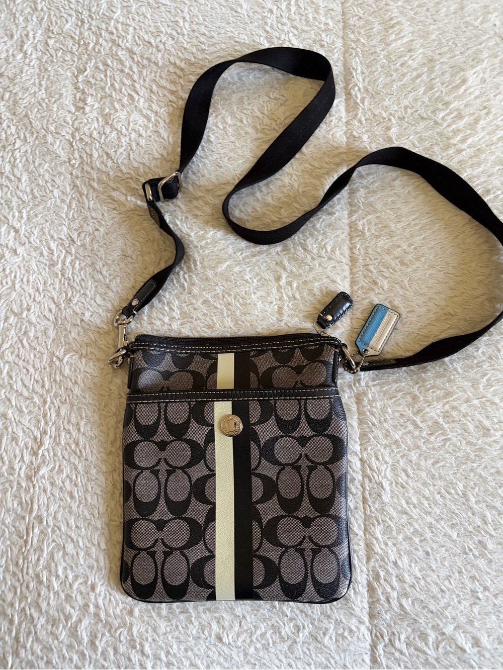 Coach Gray and Black Signature Crossbody with Cream Stripe